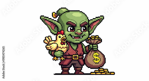 Pixel Art Goblin Holding Chicken and Money Bag.
