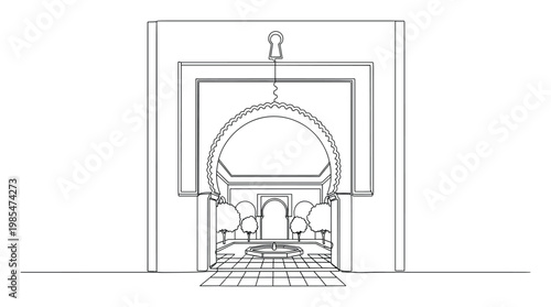 Detailed line drawing of a traditional Moroccan courtyard featuring a serene fountain and ornate archways, perfect for architectural design inspiration or cultural themed graphic resources.