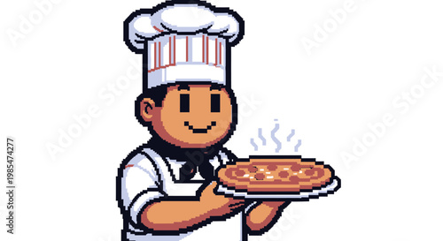 Pixel Art Chef Holding Delicious Hot Pizza.