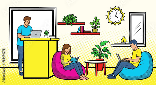 People working and studying in a modern office space.