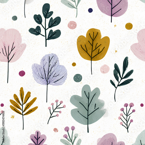 Soft toned abstract plant pattern with playful shapes and pastel colors on white background showcasing cozy nursery design and charming decorative style