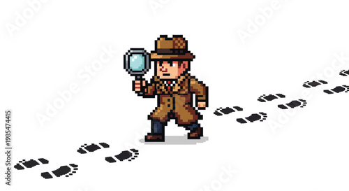 Pixel Art Detective Following Footprints with Magnifying Glass.