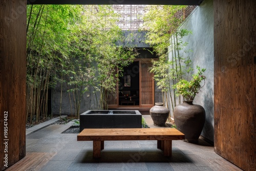 Serene bamboo courtyard with minimalist garden design
