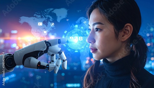 A woman interacts with a robotic hand amidst futuristic city lights