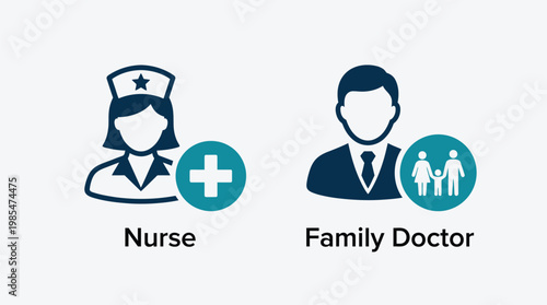 Medical professionals icons, nurse and family doctor, healthcare symbols, vector illustration