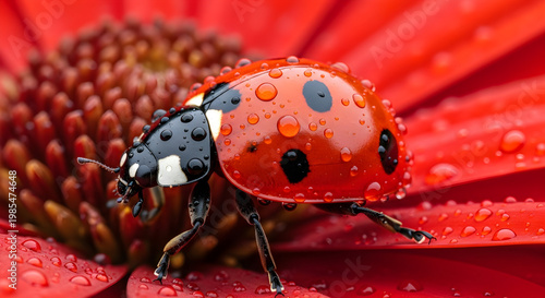 A ladybug covered in raindrops on a vibrant red flower petal