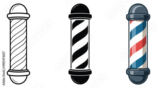 Three barbershop pole designs, flat design icon vector set, modern style glyph and solid icons, line icon set and  collection, classic barber pole symbol for salon branding, grooming, and retro