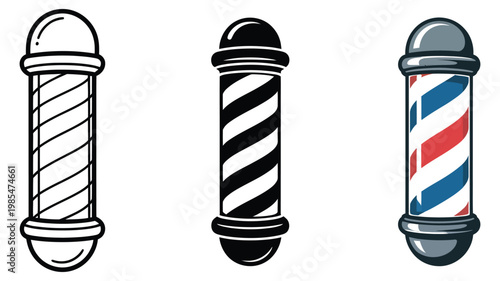 Three barbershop pole designs, flat design icon vector set, modern style glyph and solid icons, line icon set