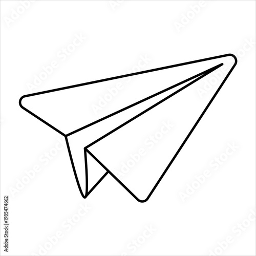 A simple black and white line drawing of a classic paper airplane, ready for flight.