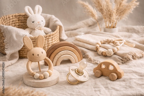 Eco friendly wooden baby toys in cozy natural nursery