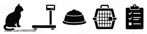 Essential pet care icons featuring a cat, weight scale, food bowl, transport carrier, and health checklist, perfect for veterinary services and animal wellness applications