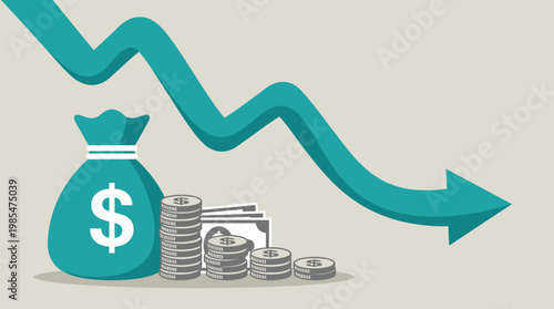 Declining finance concept with money bag and stacks of cash, teal and gray color scheme, business and economics illustration