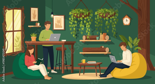 People working and studying in a cozy green coworking space.