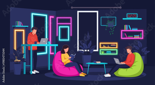 People working in a modern co-working space.