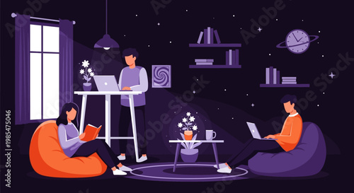 People working and studying in a cozy home environment.