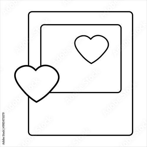 Line art illustration of a polaroid photo frame with two hearts, symbolizing love and cherished memories.