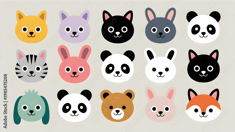 Fototapeta premium Collection of cute cartoon animal faces in a grid pattern with a neutral background