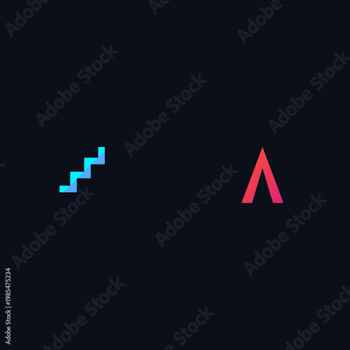 Abstract corporate tech icons featuring a blue stepped staircase wave and red letter A illustration