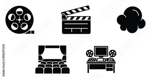 Movie making and entertainment industry related glyph icons collection for film production, cinema experience, and video editing graphic design elements and digital applications