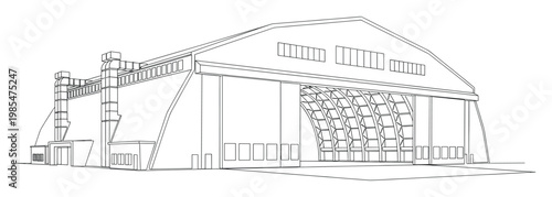 Detailed architectural outline drawing of a large industrial hangar with complex ventilation systems and an intricate folding door structure, perfect for technical blueprints and