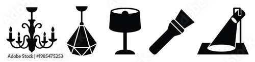 Variety of lighting fixtures and lamps in silhouette icons perfect for showcasing diverse illumination solutions in interior design projects and energy efficiency presentations