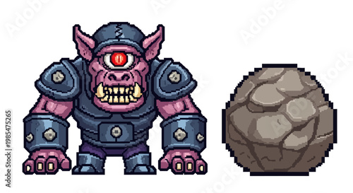 Pixel Art Cyclops Monster with Boulder Ready to Throw.