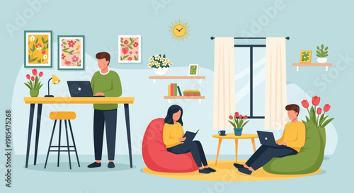 People working and studying in a cozy home environment.