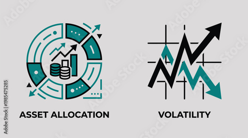 Financial Investment Icons, Asset Allocation and Volatility Graphs, Teal and Black Color Scheme, Business and Finance Concepts