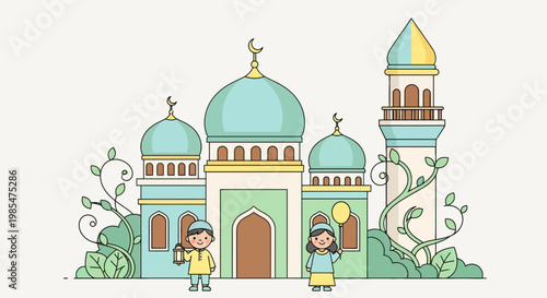 Two kids standing in front mosque.