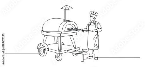 Professional chef in uniform preparing delicious homemade pizza with a classic portable woodfired oven on wheels for a catering event or outdoor cooking demonstration