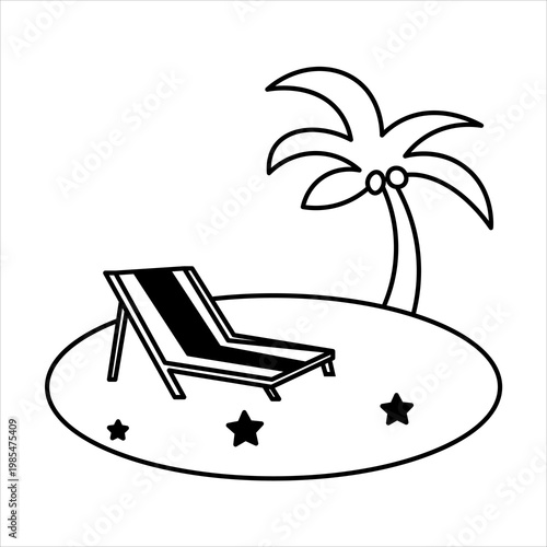 A simple black and white line art illustration of a tropical island with a palm tree, a beach chair, and stars.