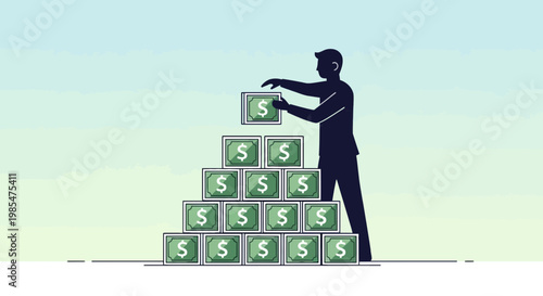Businessman Building Stack of Money Blocks.