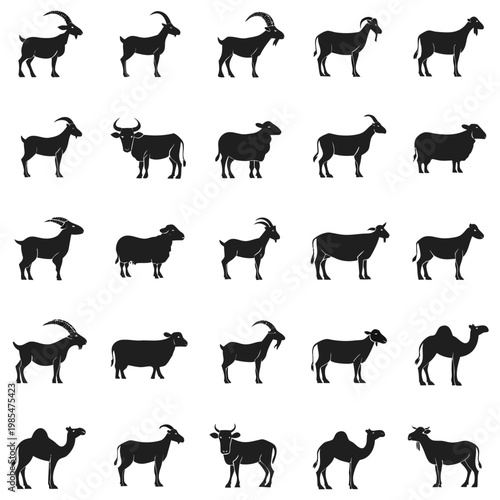 Collection of farm animal silhouettes, domestic livestock icons, goat, sheep, cow, and camel, vector illustration, agricultural animals.