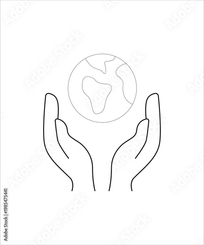 Hand holding globe icon representing global support and world connection in simple outline vector illustration.