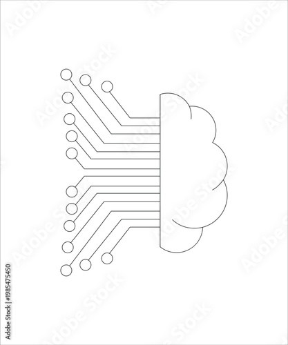 Futuristic AI human brain icon combining artificial intelligence and neural network concept in clean outline vector style.