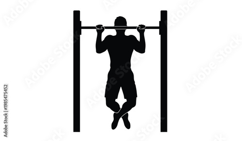 A stark black silhouette of a muscular person performing a pull up on a horizontal bar demonstrating strength and fitness silhouette high quality professional