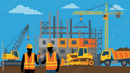 Construction site with workers and heavy machinery, building development