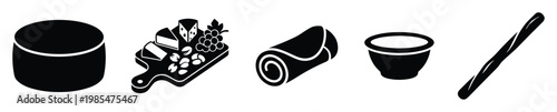 Food icons featuring a cheese block, a charcuterie board with grapes and nuts, a rolled pastry, a sauce bowl, and a breadstick, valuable for food industry and menu design.