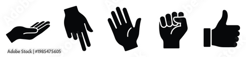 Comprehensive set of human hand gestures representing different actions and emotions such as giving, directing, stopping, strength, and success, ideal for conveying interactive concepts and