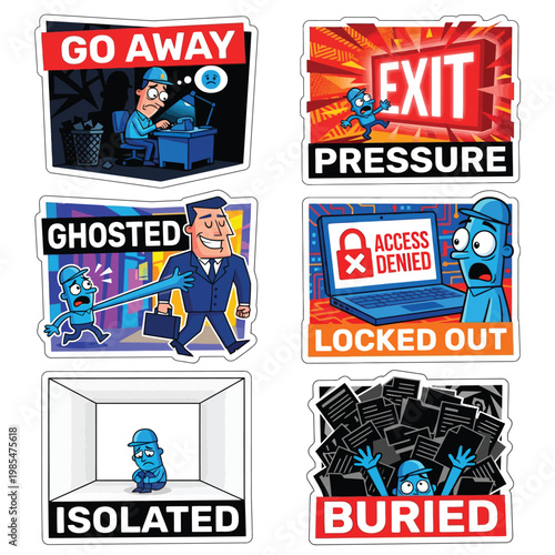Labor Day Forced Resignation Sticker Set High-Contrast Vector Illustration Style Depicting Quiet Firing Toxic Workplace Exit Pressure And Employee Rights Issues On White Background Asset