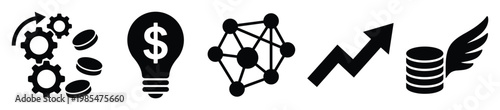 Comprehensive collection of business and finance icons depicting production processes, valuable ideas, digital networks, market growth, and swift financial success for corporate