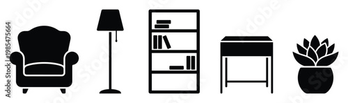 Collection of essential home furniture and decor black silhouette icons, featuring an armchair, floor lamp, bookshelf, side table, and succulent, ideal for web and print applications