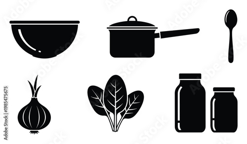 Essential kitchenware and fresh food ingredients vector icons for cooking and meal preparation themed graphic projects menus or culinary content