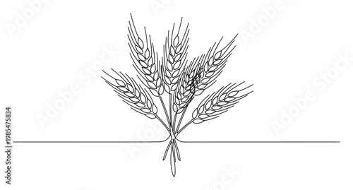 Elegant continuous line drawing portraying a rustic bundle of golden wheat ears, suitable for bakery logos, organic food packaging, and agricultural marketing collateral.