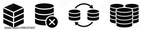 Modern vector icons illustrating data storage, database deletion, information synchronization, and distributed server systems for technology, IT infrastructure, and digital solutions