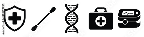 Medical health care and scientific research icons set including genetic testing, first aid, and vital signs monitoring for healthcare technology applications