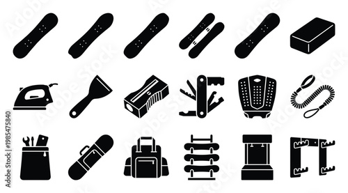 Collection of black silhouette icons representing essential snowboarding equipment, accessories, and maintenance tools for winter sports graphic resources, app interfaces, and instructional