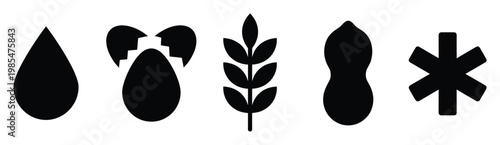 Essential food allergen symbols for health information and product labeling illustrating common dietary restrictions including dairy, egg, gluten, and peanut warnings.