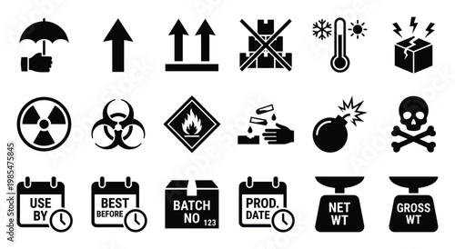 Comprehensive collection of essential packaging symbols and safety warning icons for logistics, shipping, handling, and product labeling applications to ensure proper care and information.