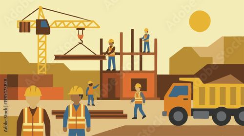 Construction site with workers, crane, and dump truck building a new structure